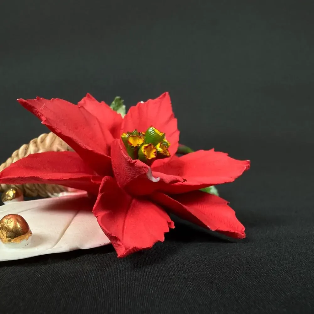 Capodimonte Porcelain Flower Red Poinsettia Pine Cone White and Green Leaves